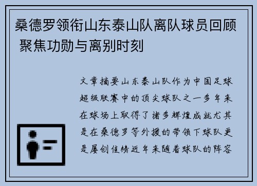 桑德罗领衔山东泰山队离队球员回顾 聚焦功勋与离别时刻